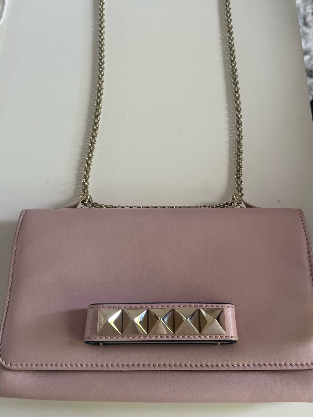 Valentino Garavani Pink Leather Chain Shoulder Bag with Gold Pyramid Studs